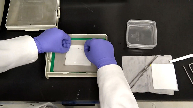 Assembly of the transfer pack in a semi-dry blotter